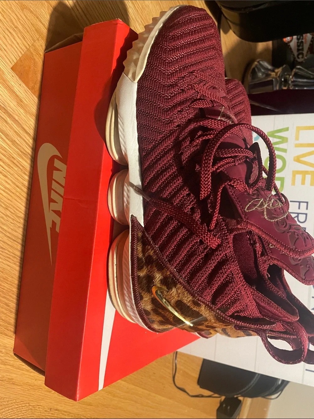 Men's Burgundy Athletic Sneakers - LeBron James with Cheetah print. (Rare)